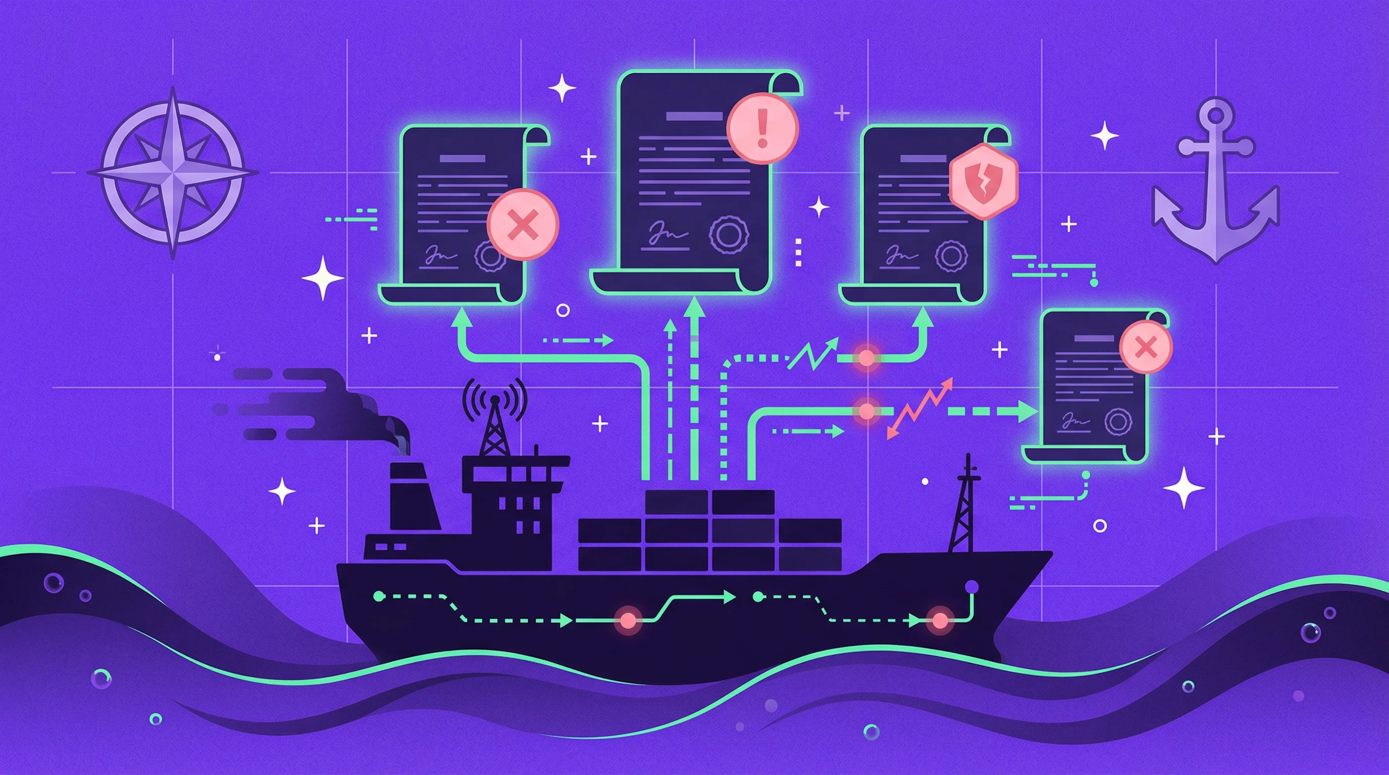 Maritime shipping contract analysis with cargo ships and digital contract overlay
