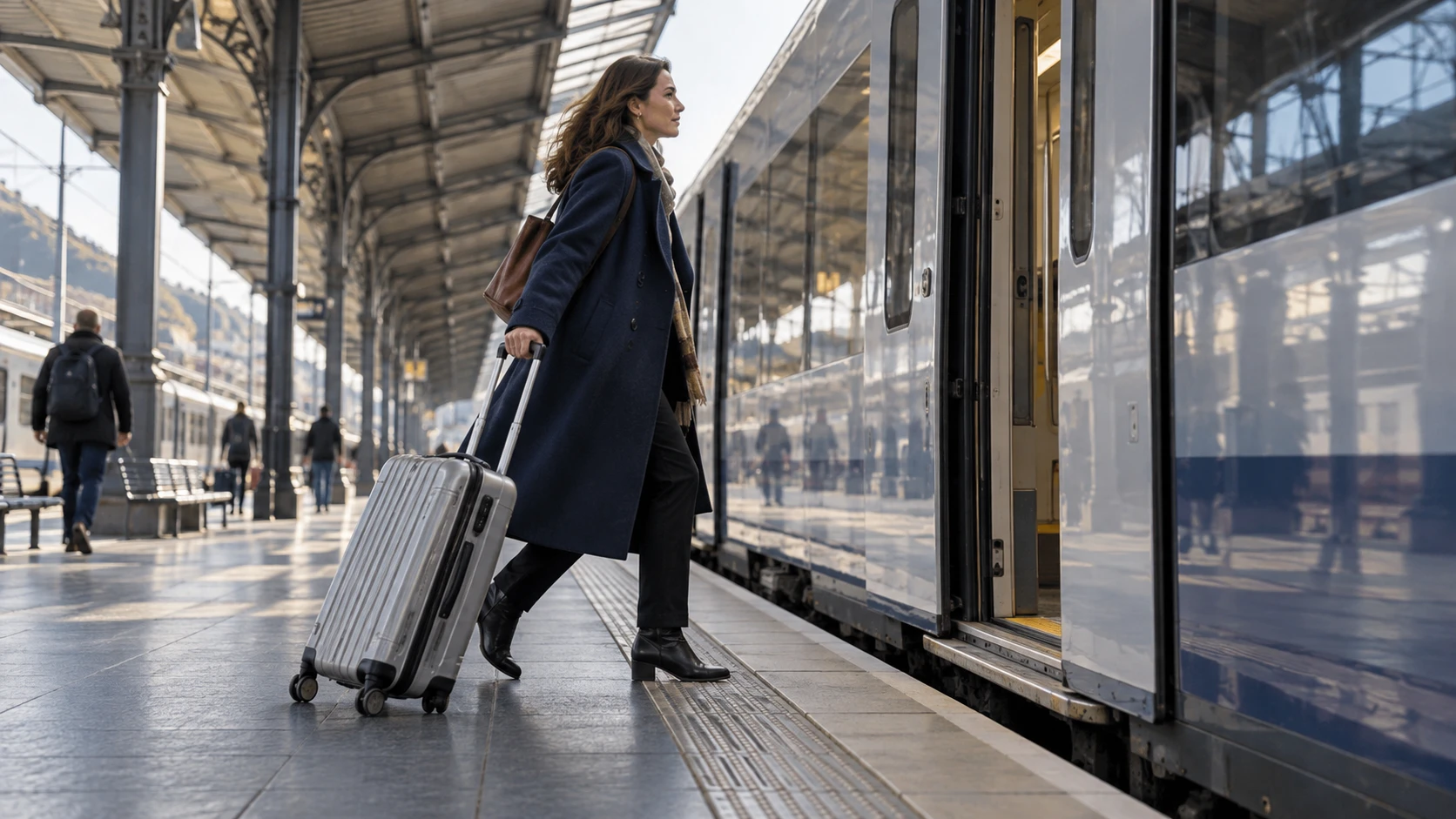 A traveller approaching a train, illustrating the travel-insurance example in the article