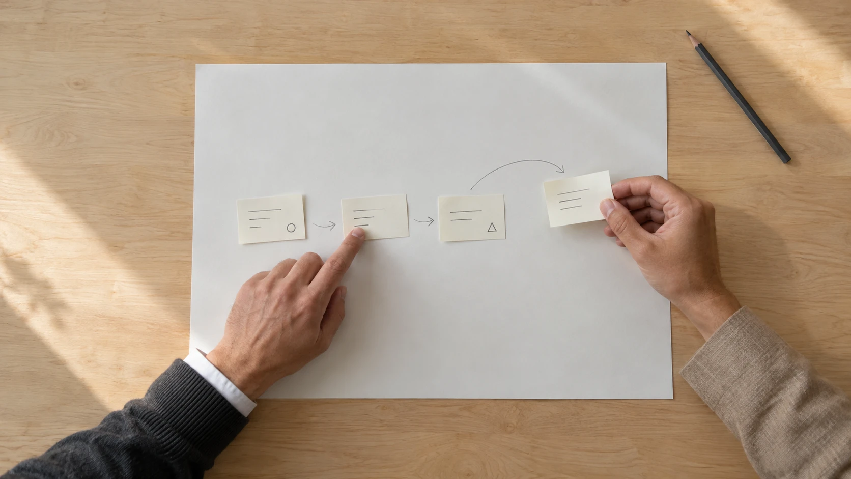Hands rearranging task dependencies on a project plan