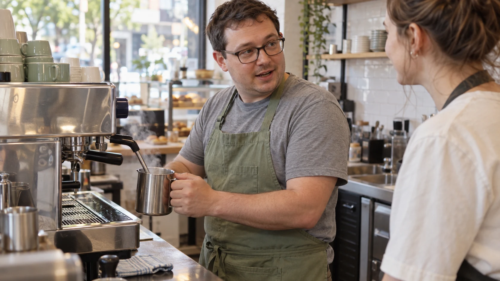 A barista speaking to a colleague while steaming milk, illustrating speech amid equipment noise