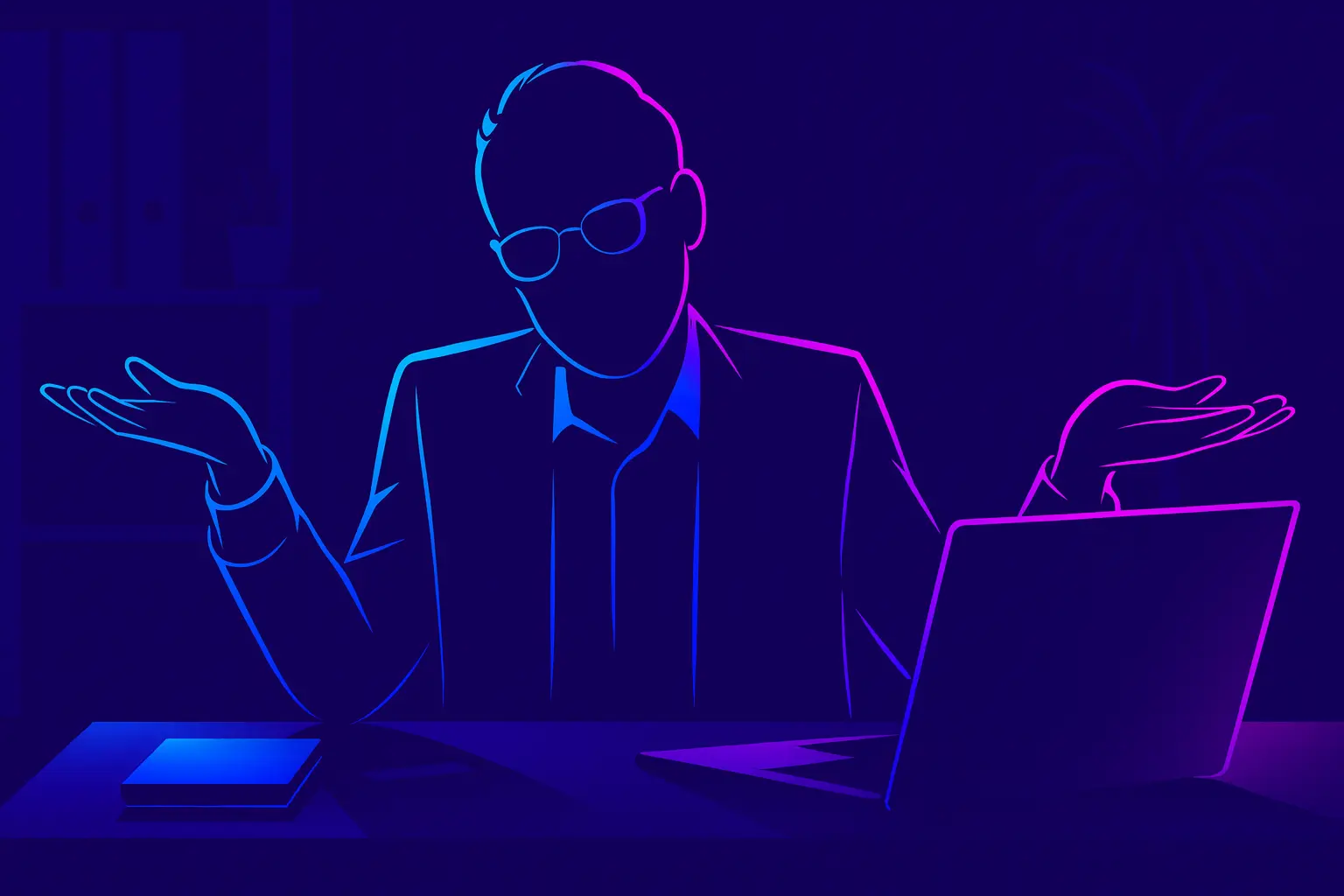 Neon illustration of a person shrugging at a laptop, representing uncertainty around project estimates.