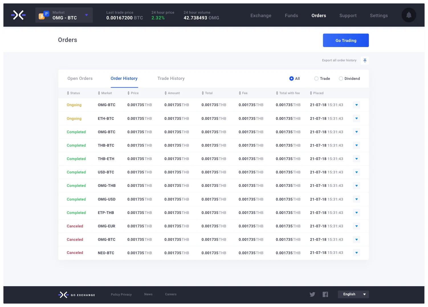 Original GO.Exchange product design showing the digital asset trading interface