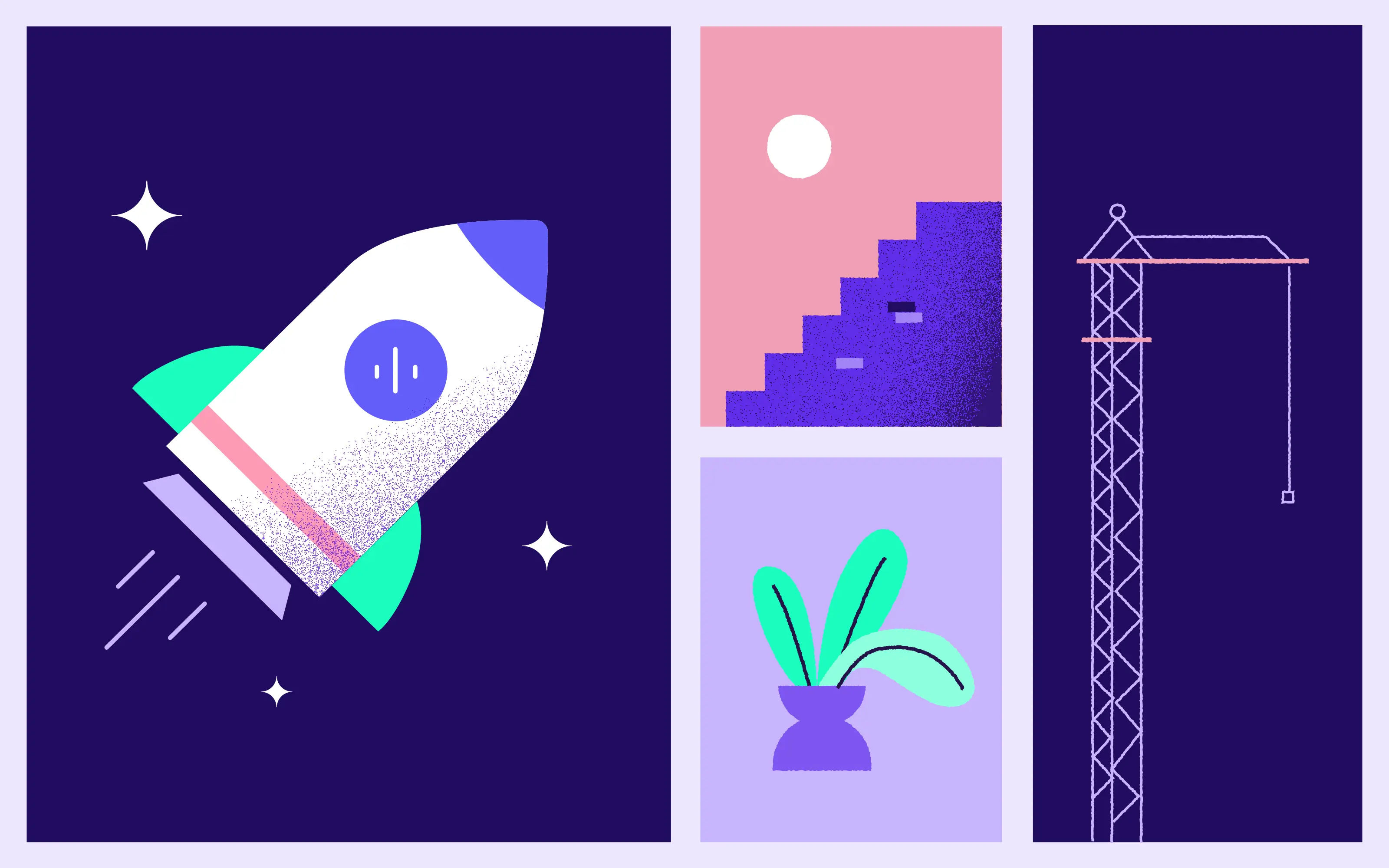 rocket, crane, plant and stairs symbolizing growth