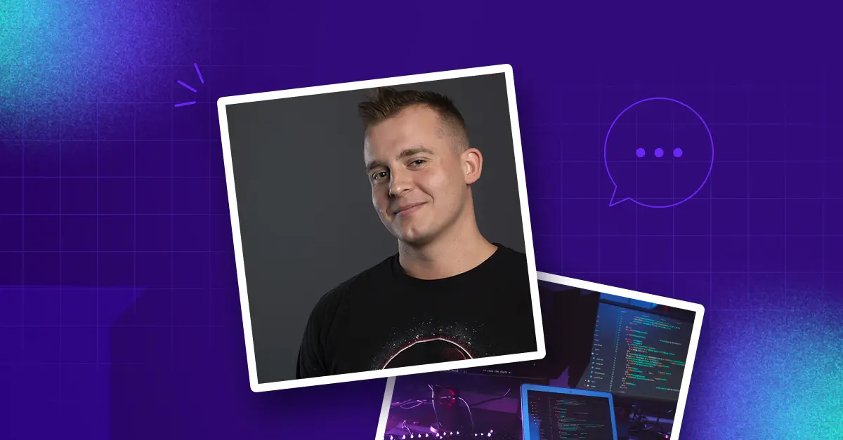 A photo of Marcin, our 10C Senior Blockchain Developer, against a blue background